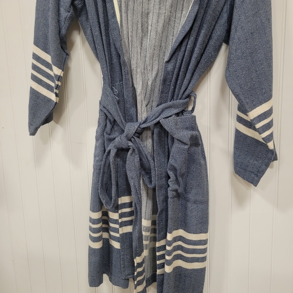 Blue and Cream Belted Sweater Jacket - Picture 6 of 8